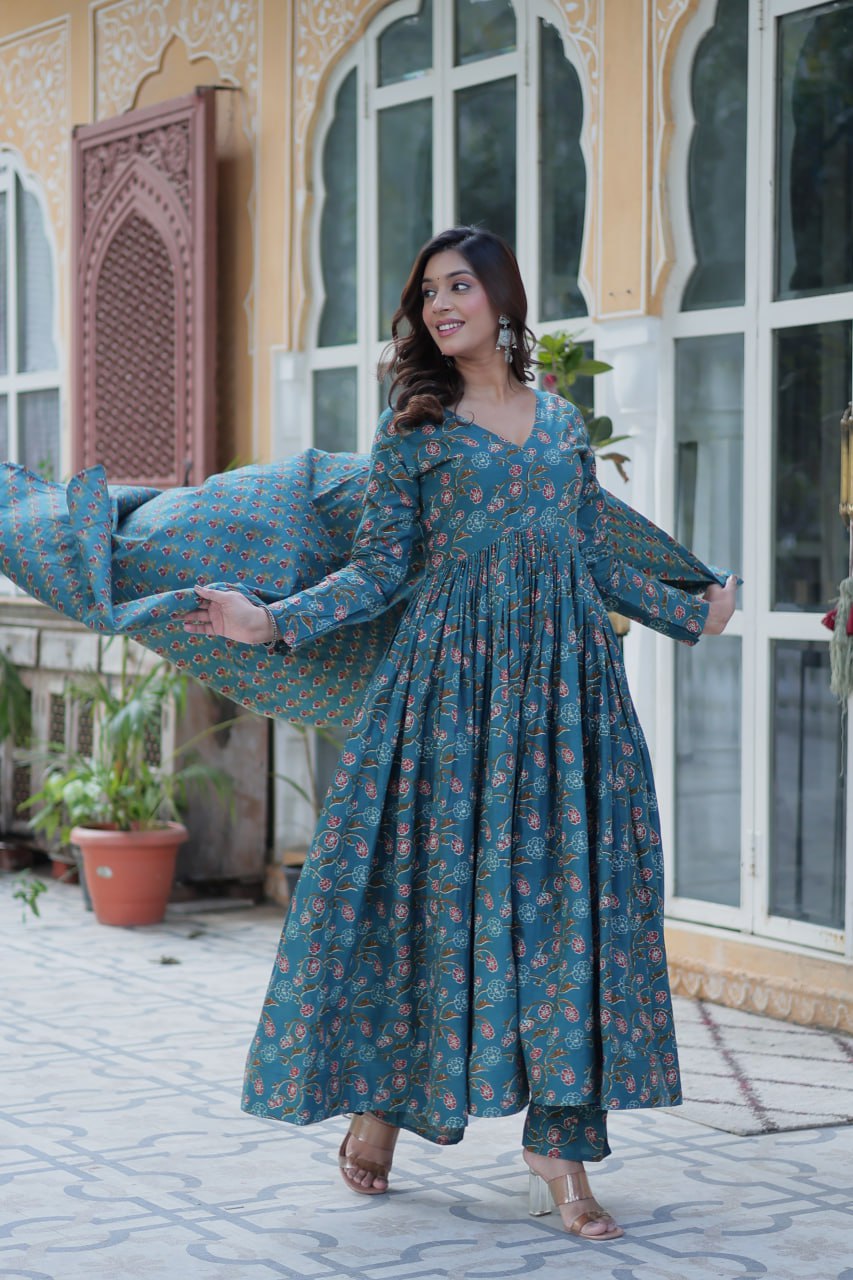Himalini Blue Pure Cotton Anarkali Suit Set