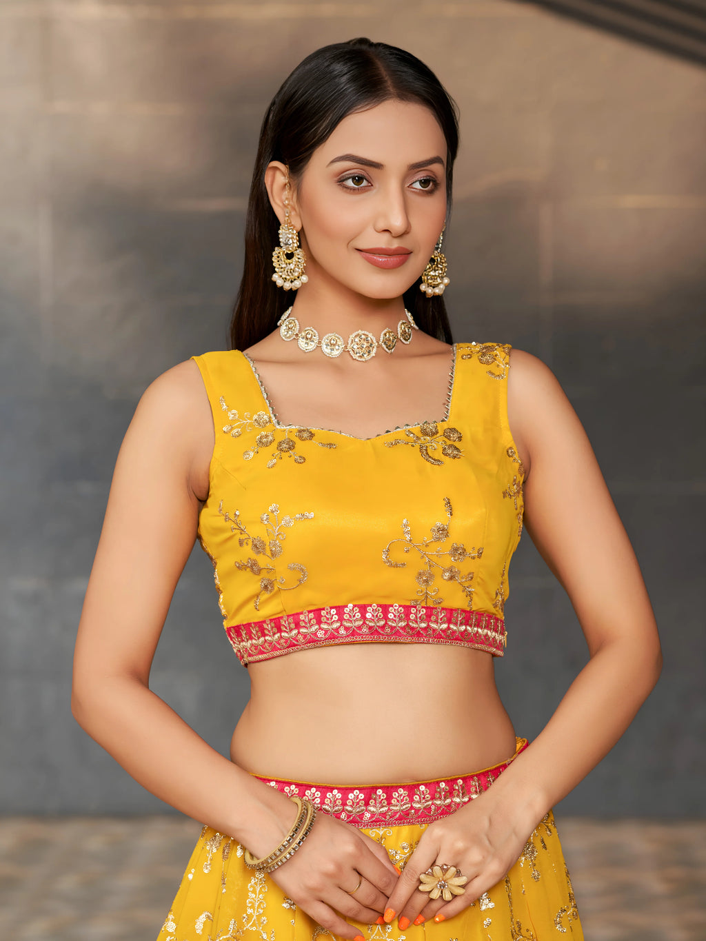 Navya mustard yellow floral embroidered lehenga choli with dupatta