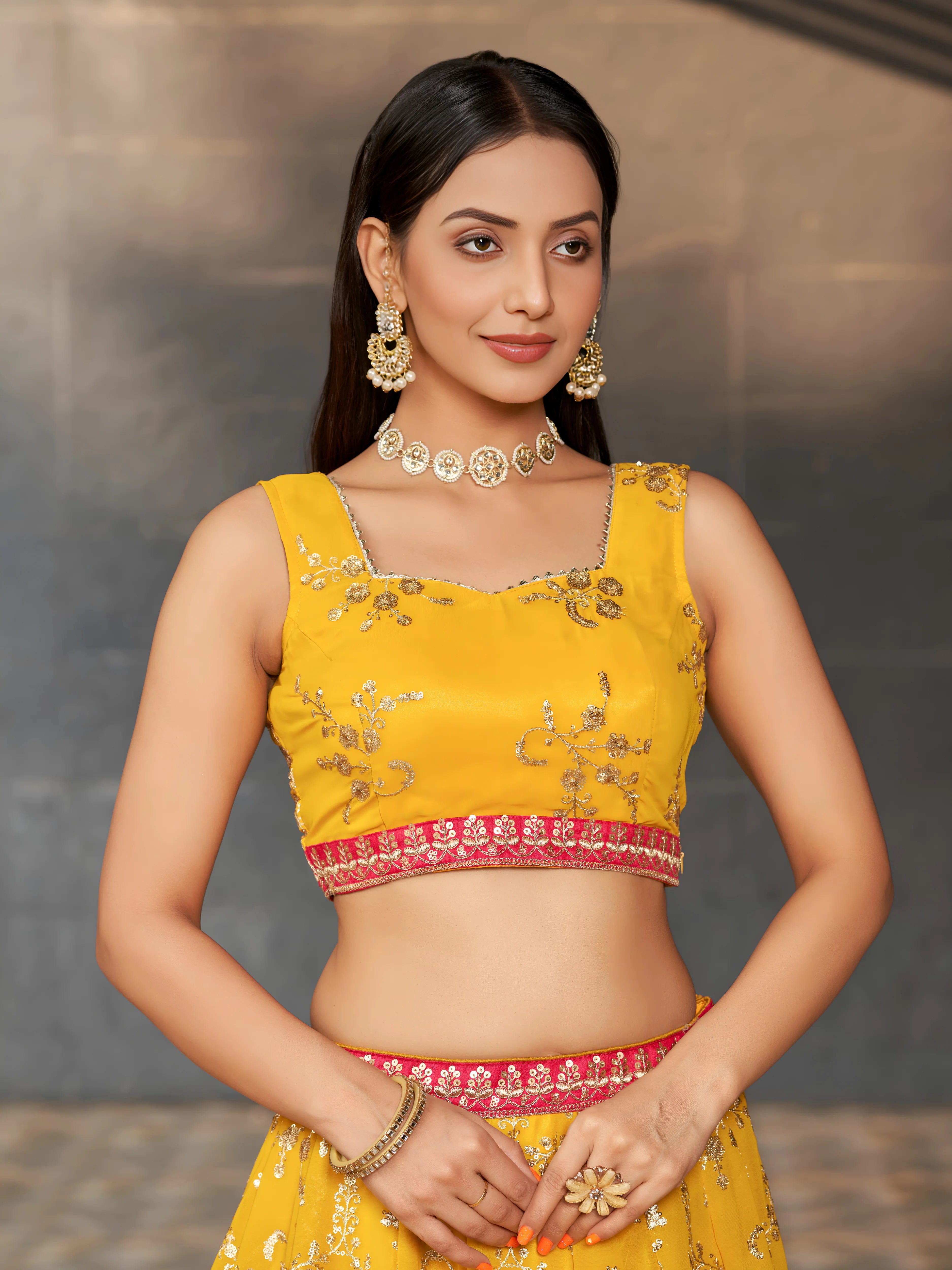 Navya mustard yellow floral embroidered lehenga choli with dupatta