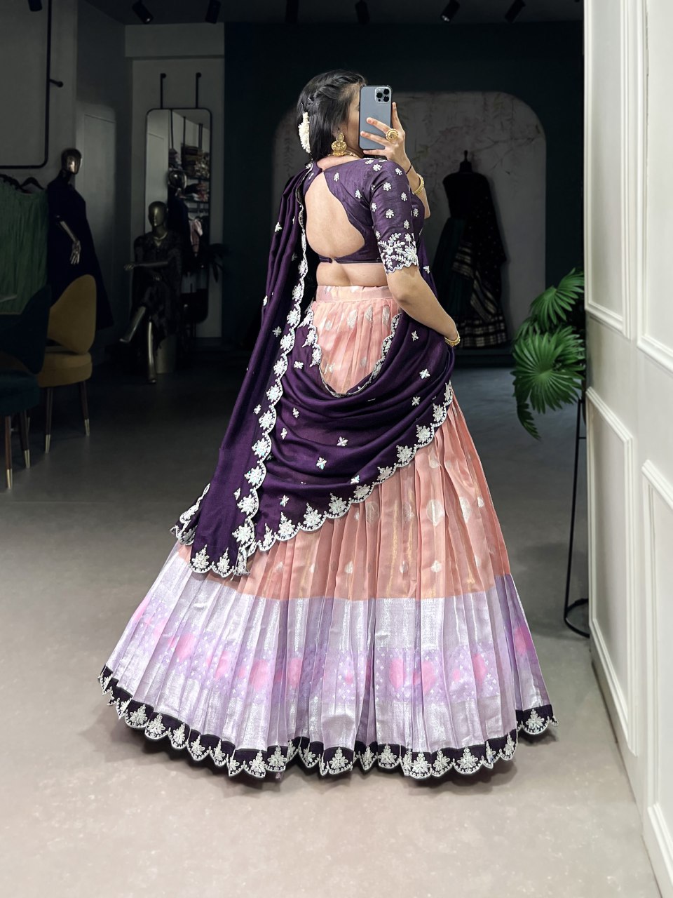 Peach zari Kota lehenga with zari weaving embroidered Vichitra silk dupatta