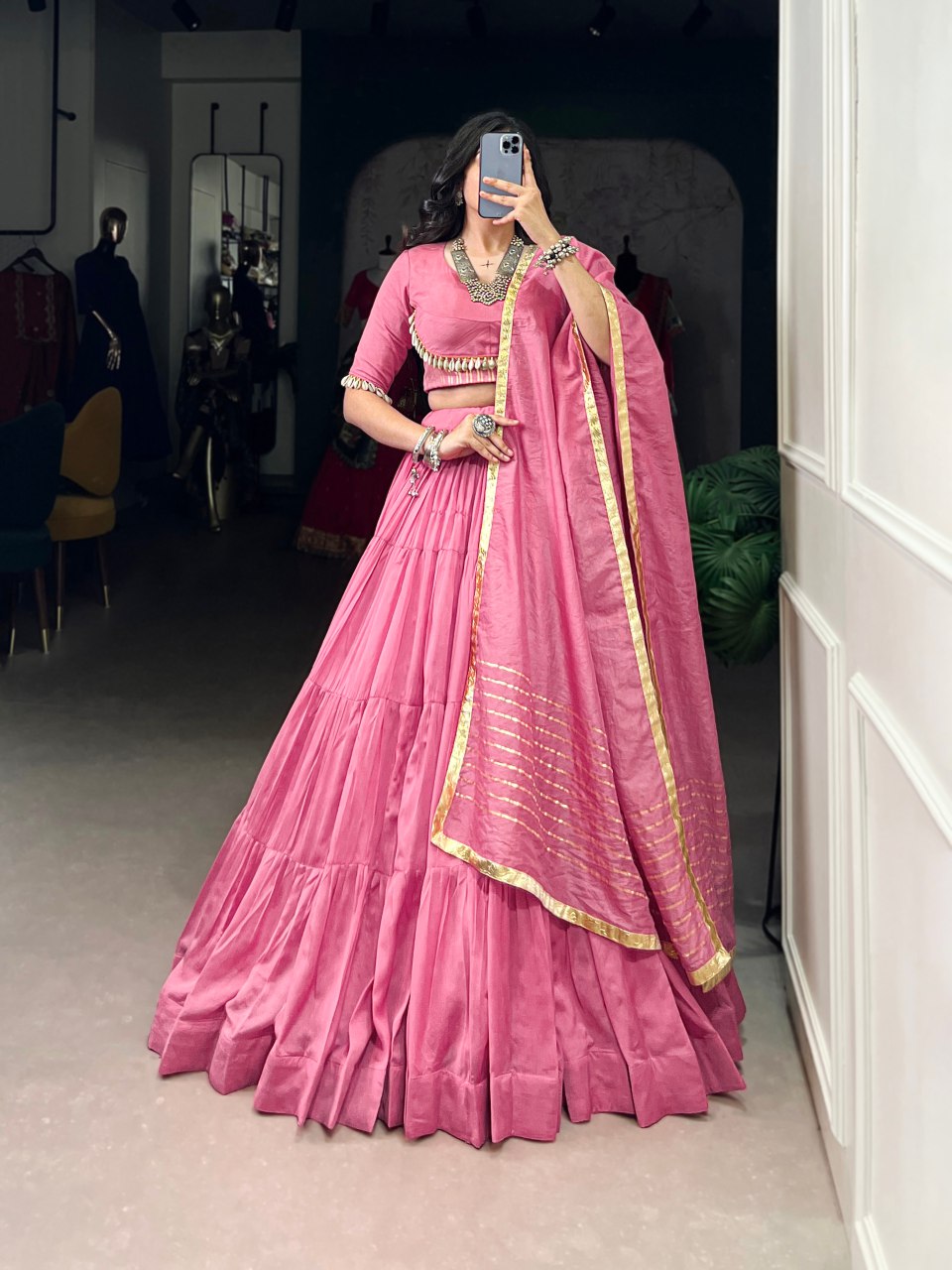 Pink Chanderi lehenga choli with cowrie detailing and dupatta