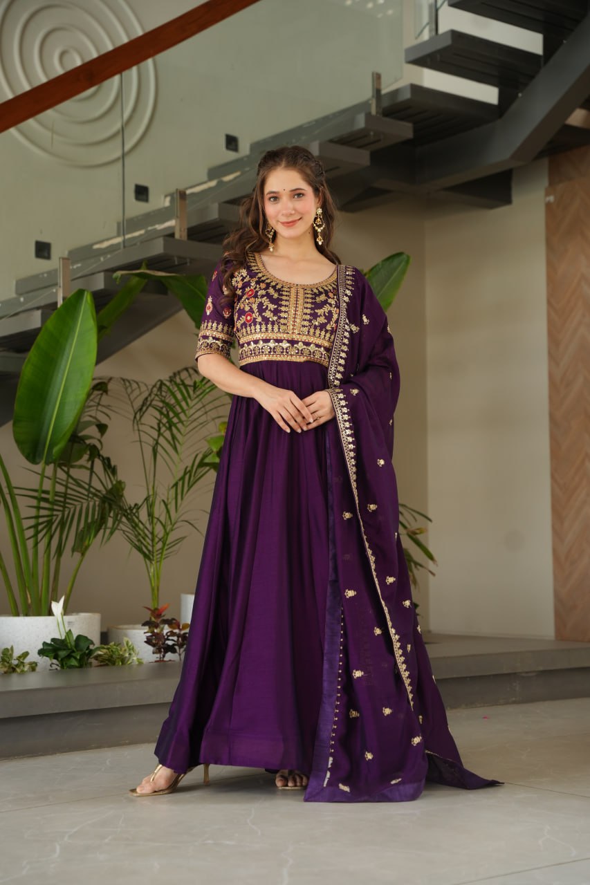 Aadishri purple silk sequins embroidered gown