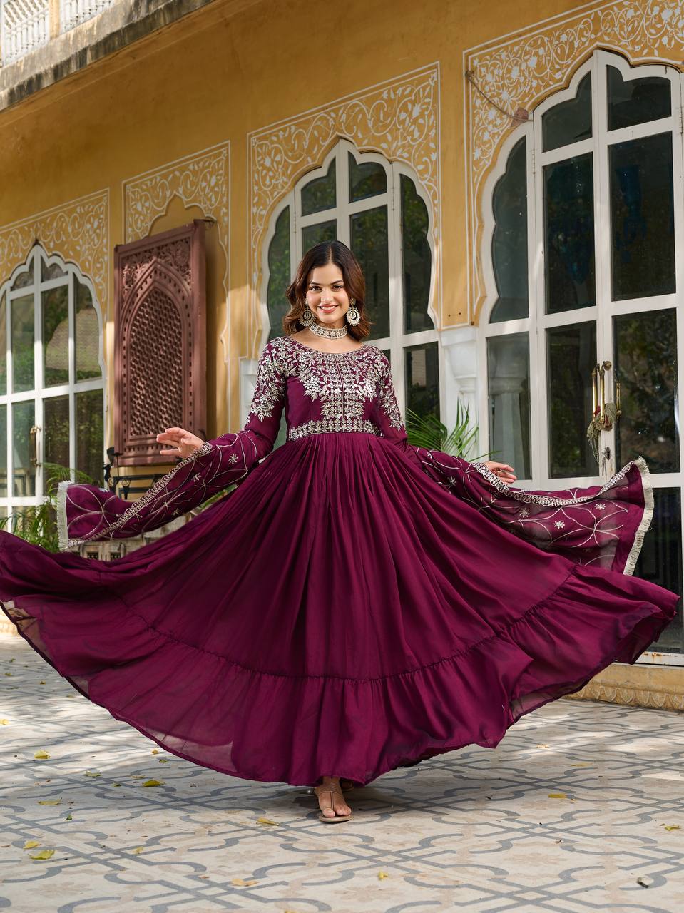 Piya wine Vichitra silk gown with sequins embroidery and dupatta