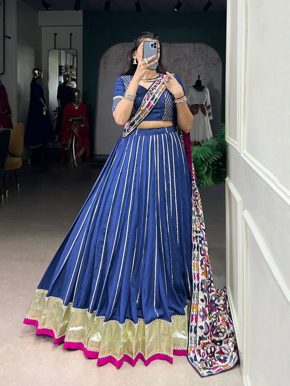 Navy blue Chanderi zari weaving and embossed lace lehenga choli