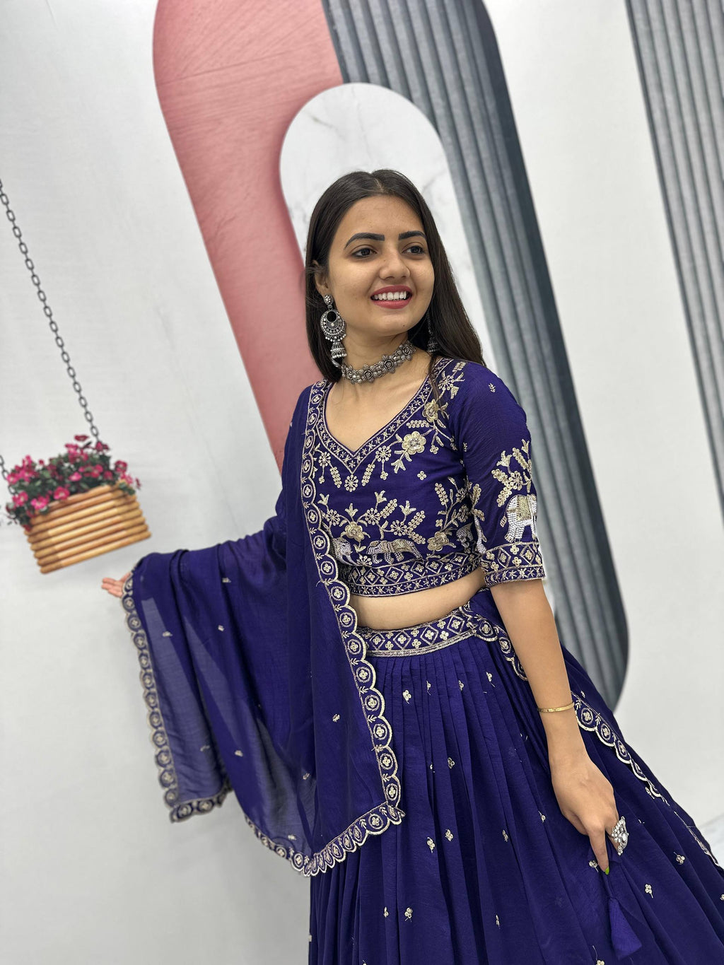 Gopi navy blue Vichitra silk lehenga choli with embroidery sequins thread work