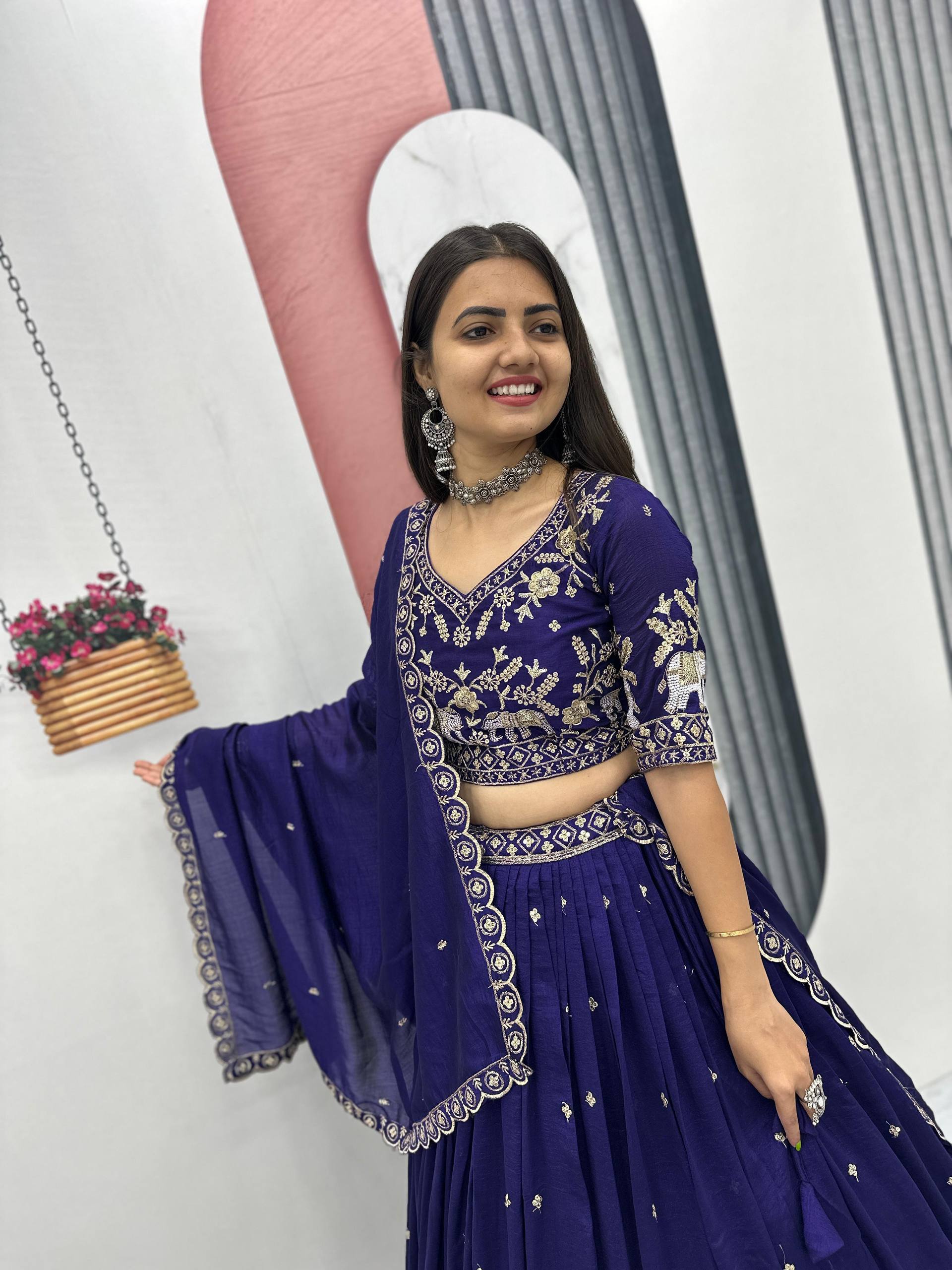 Gopi navy blue Vichitra silk lehenga choli with embroidery sequins thread work