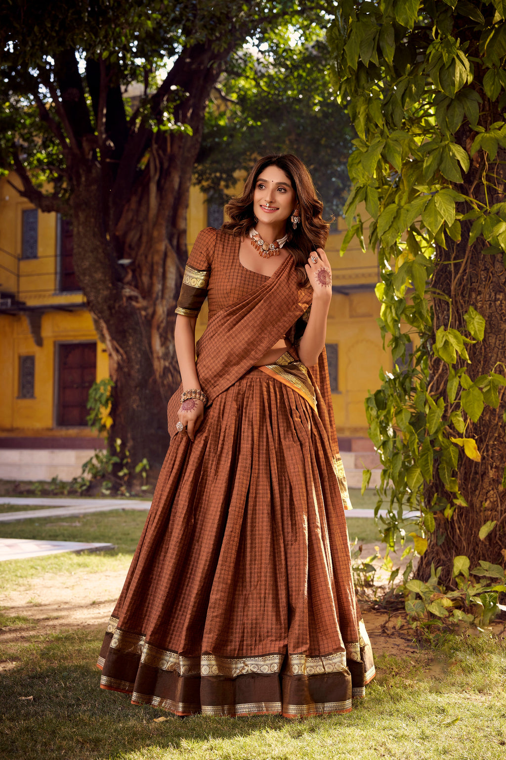 Rimi rust orange Chettinad cotton chex half saree lehenga with zari weaving work