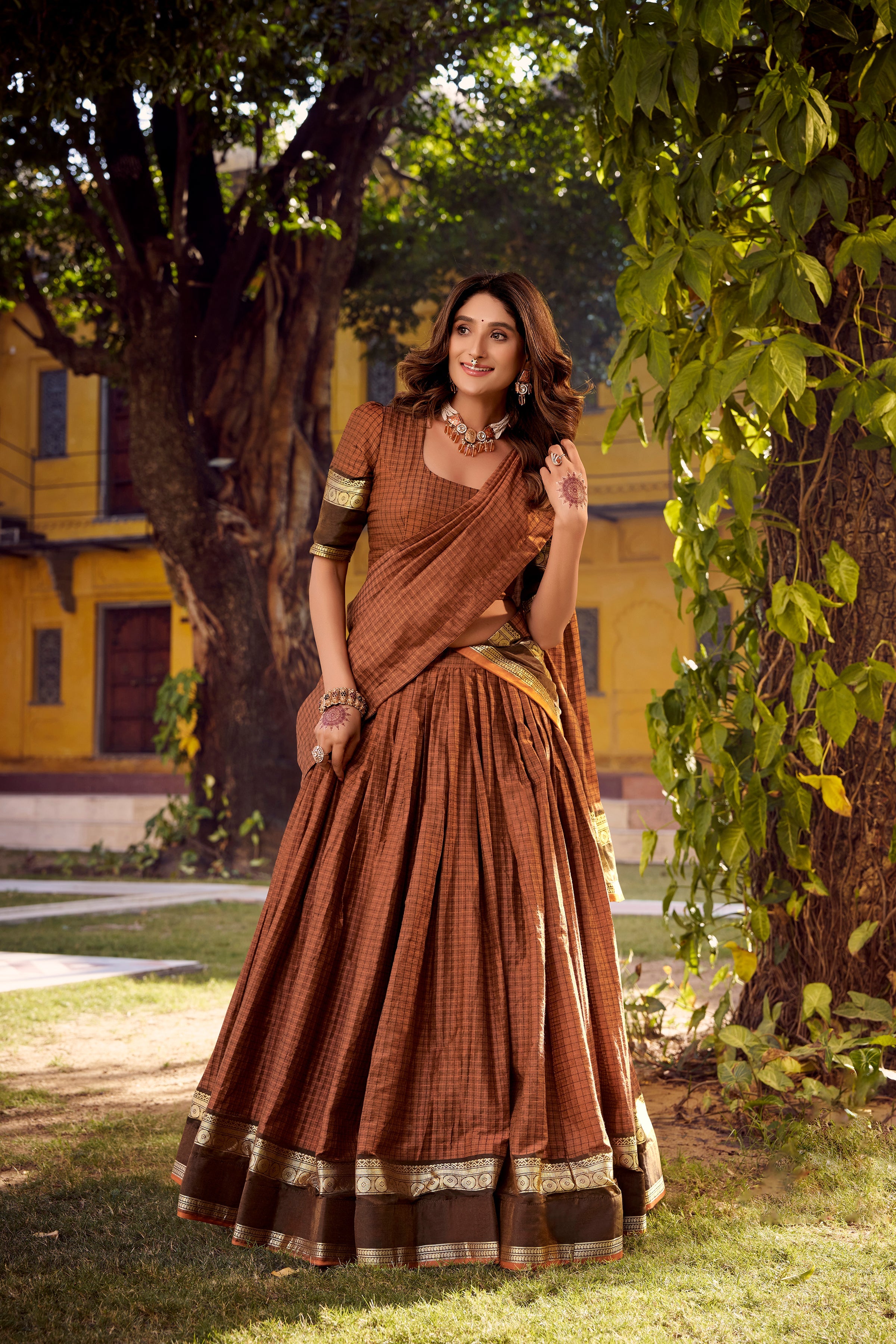 Rimi rust orange Chettinad cotton chex half saree lehenga with zari weaving work