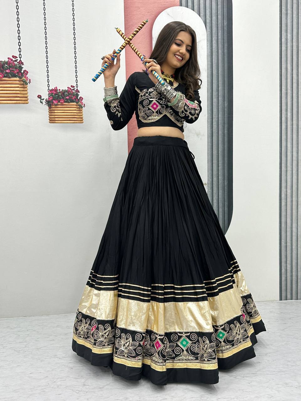 Black pure cotton embroidered sequins work lehenga choli