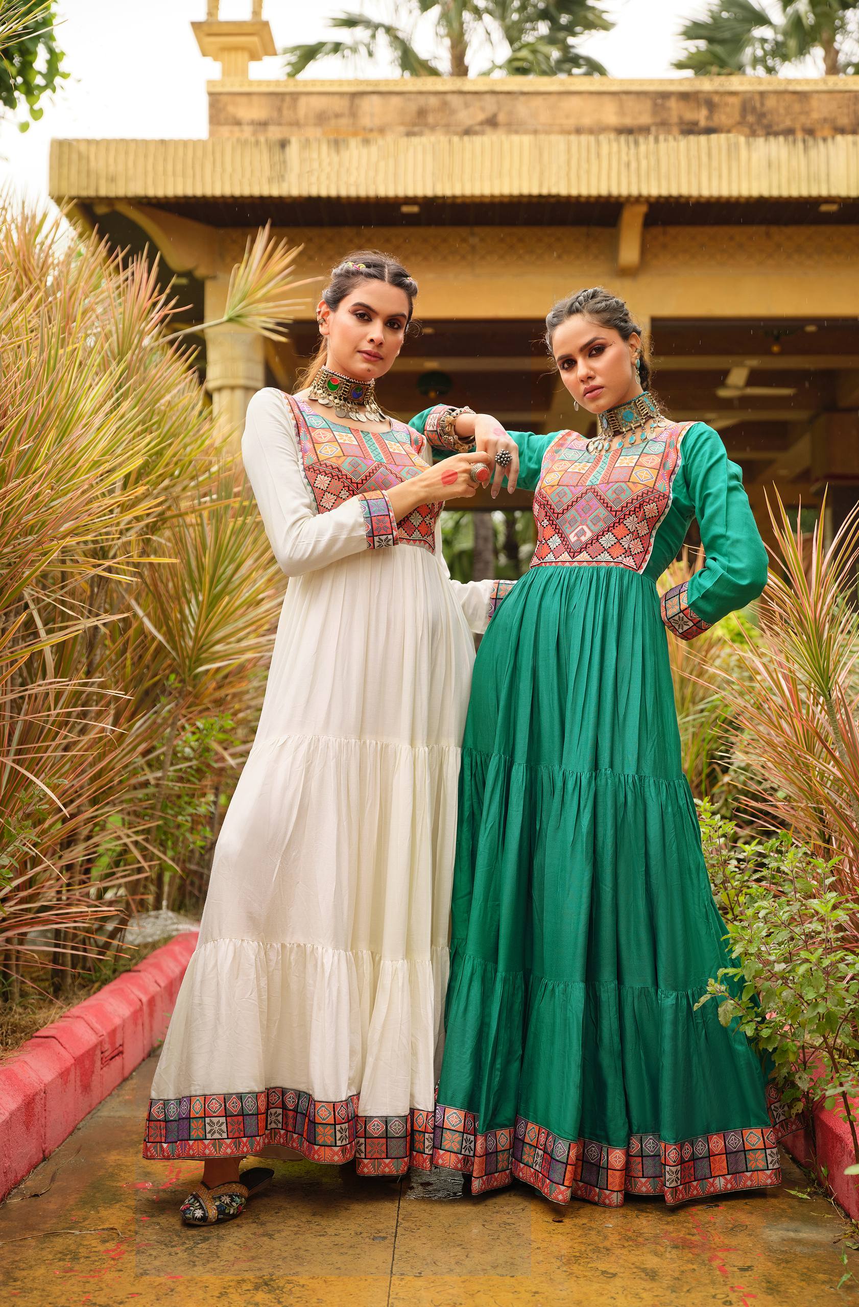 Emerald green pure rayon Gamthi jacquard weaving lace border ruffle flair gown