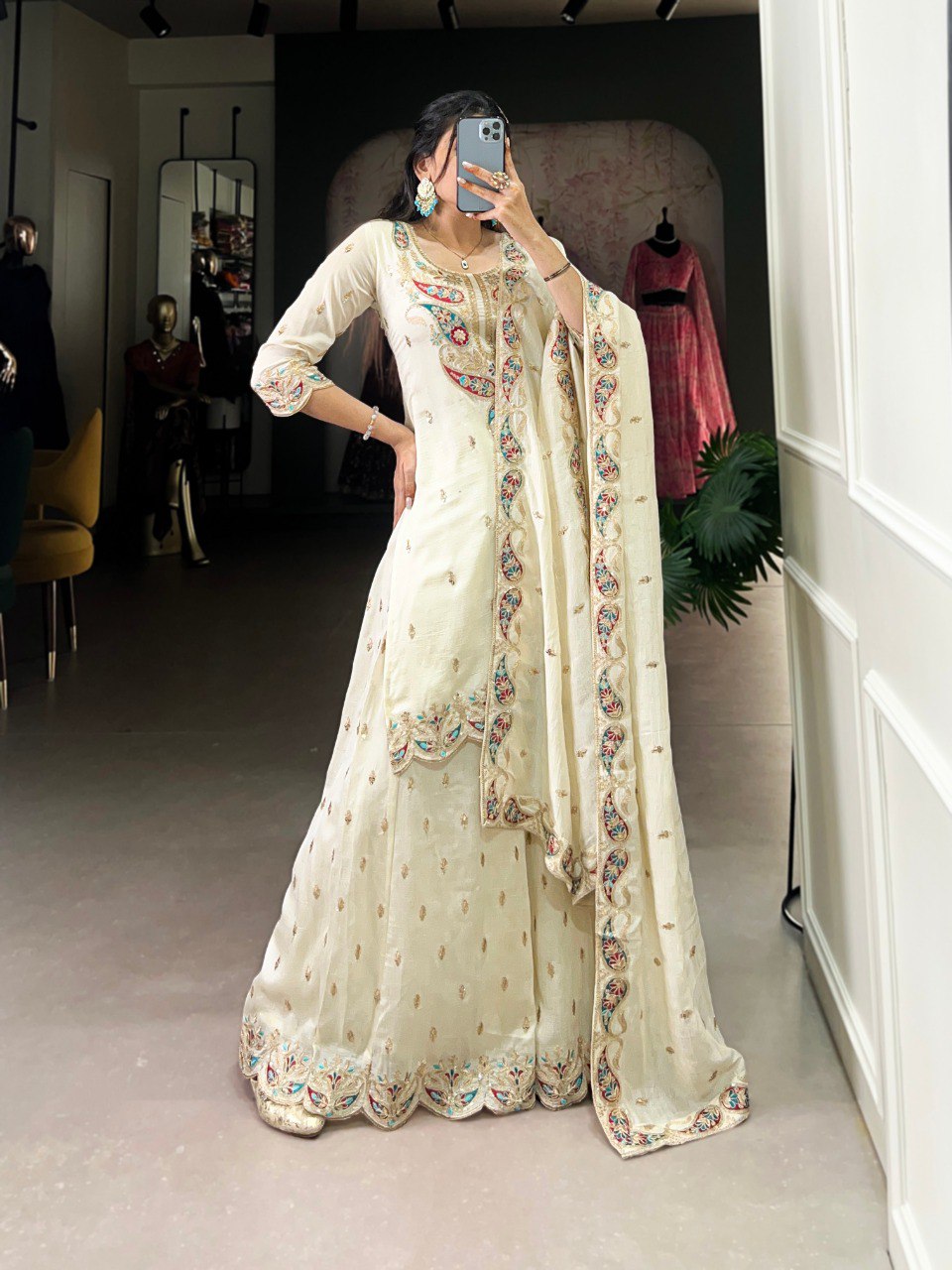 Aanvi off white vichitra silk embroidered kurti sharara set
