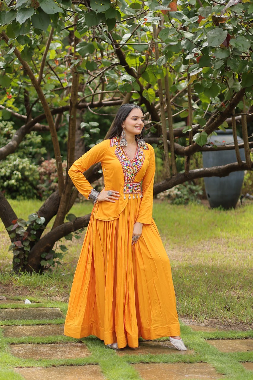 Yellow rayon Kutchi Gamthi embroidered Misty Navratri gown