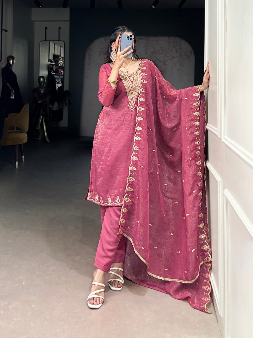 Onion pink silver glory embroidered kurti set with dupatta