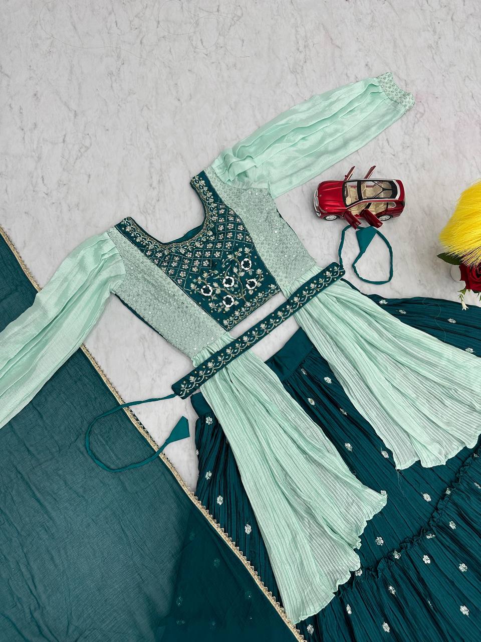 Malti teal green chinon embroidered crop top lehenga with nazmin dupatta and belt