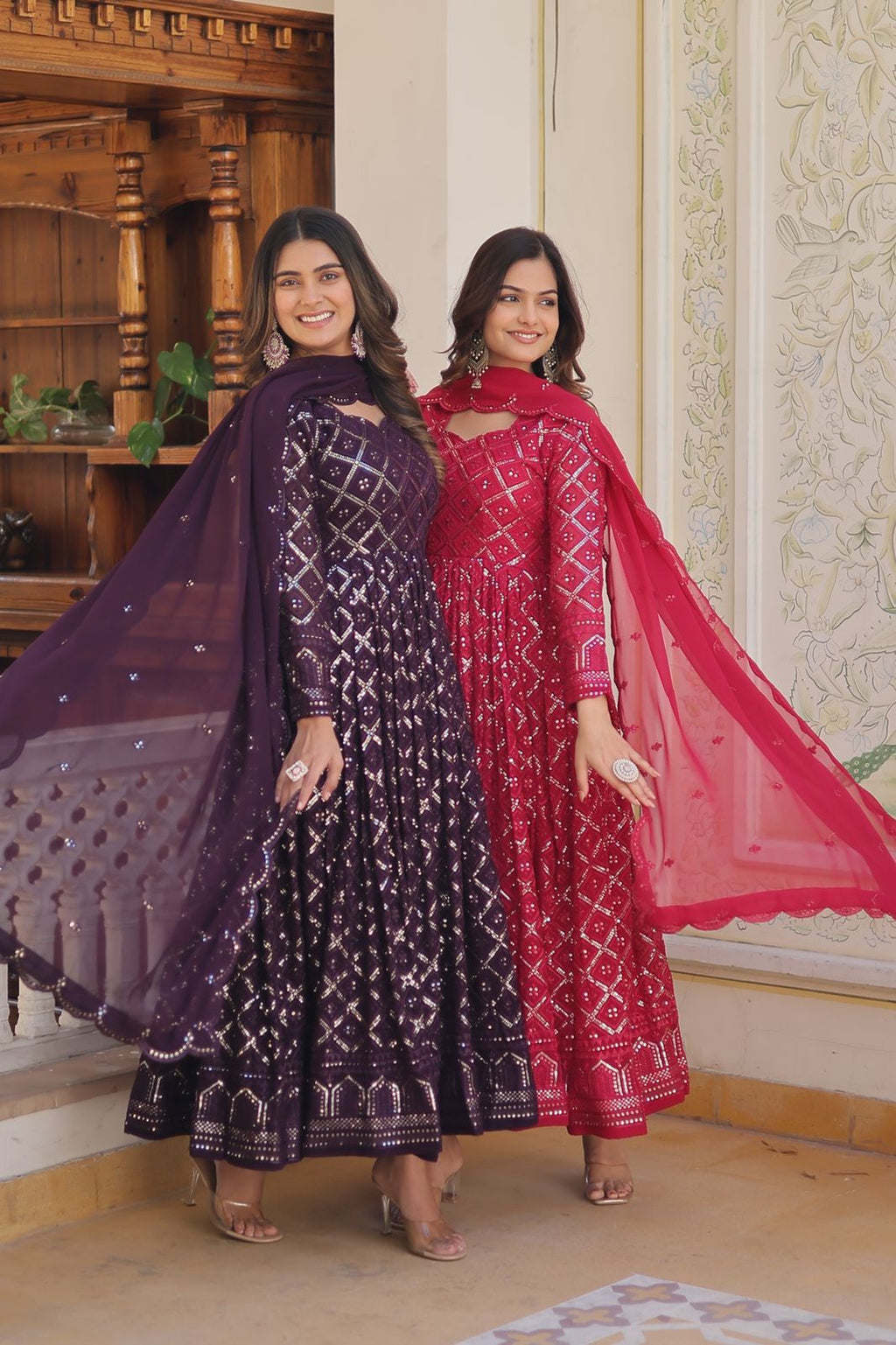 Royal purple blossom floral gown with dupatta