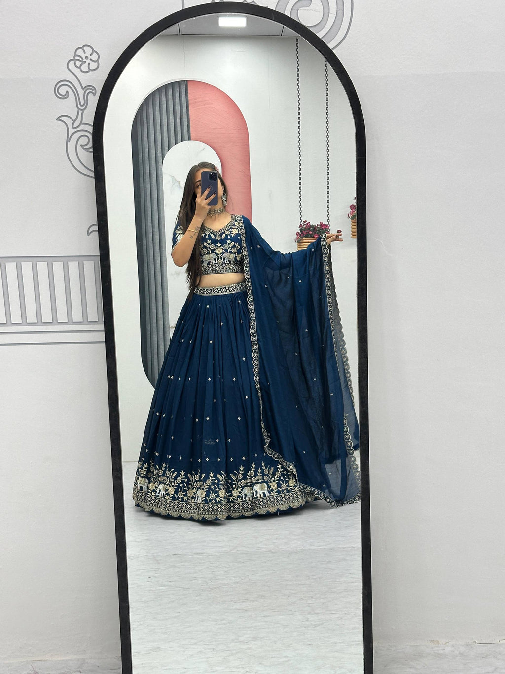 Gopi teal blue Vichitra silk lehenga choli with embroidery sequins thread work