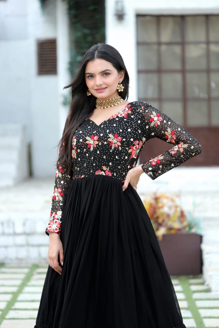 Radiant charisma embroidered sequin adorned double frill gown