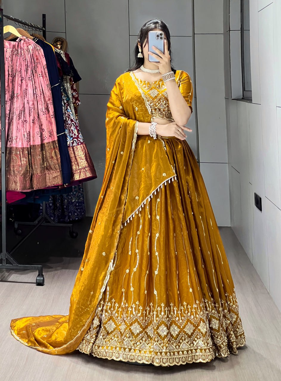 Mustard yellow Fendy satin beads embroidered lehenga choli with dupatta