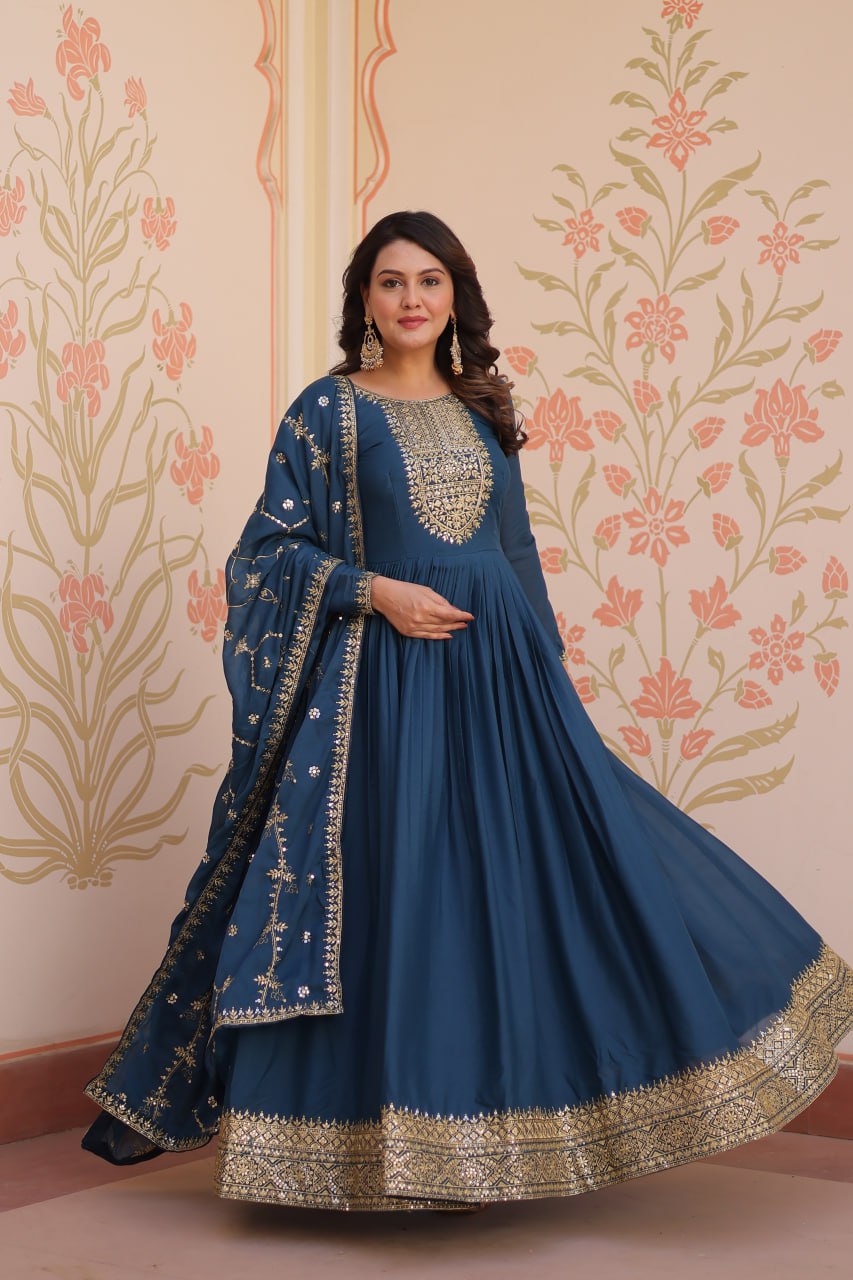 Rama blue star georgette zari sequins embroidered gown with dupatta