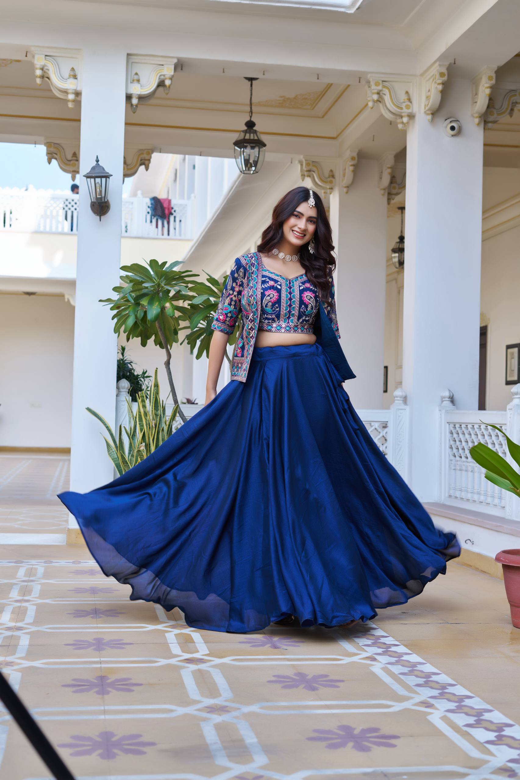 Devisha blue Vichitra silk lehenga choli with embroidered koti