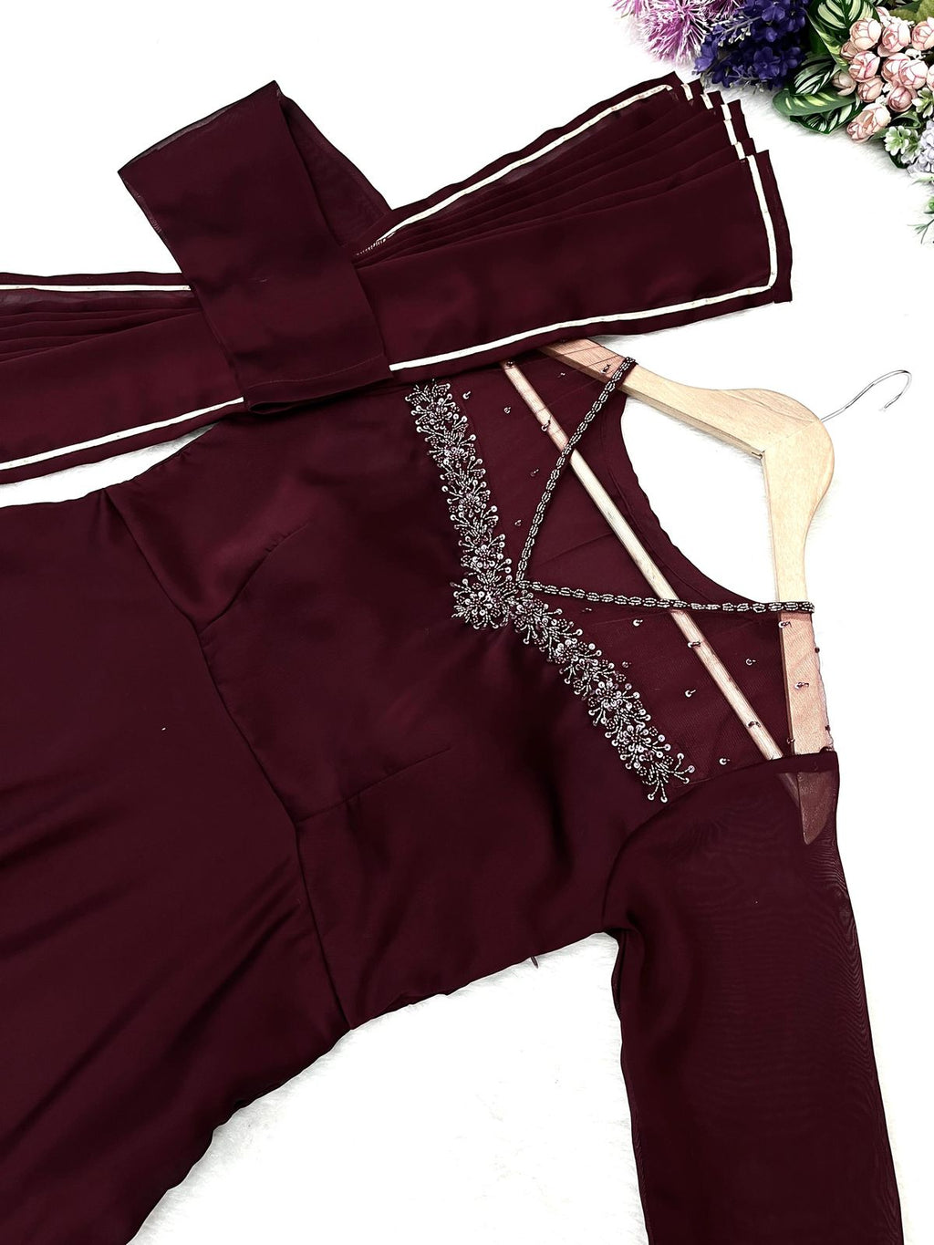 Wine georgette embroidered Manha designer Anarkali gown