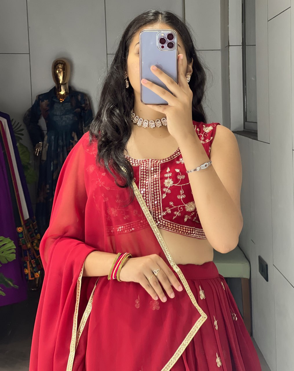 Yami maroon georgette embroidered lehenga choli with dupatta