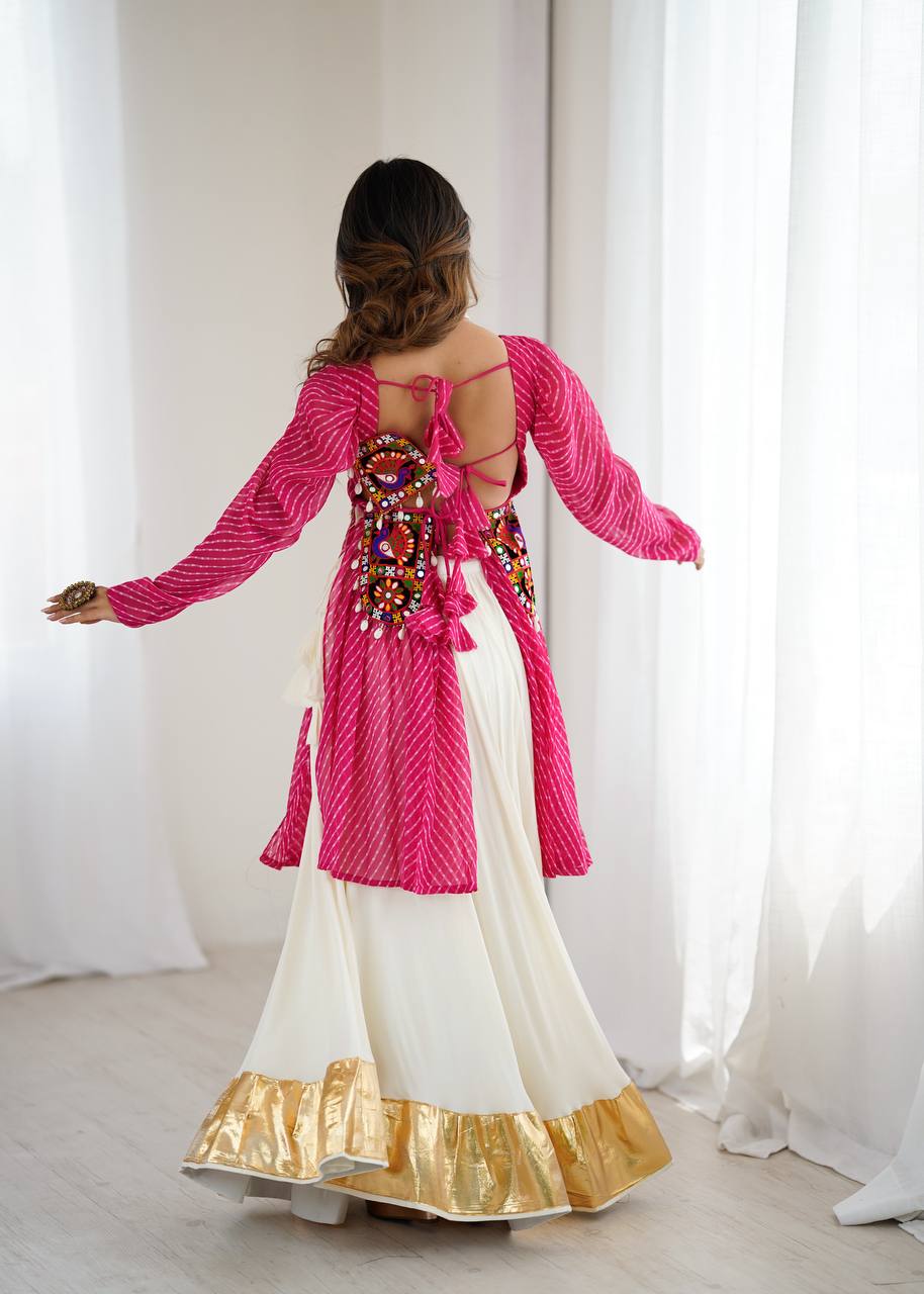 Pink georgette top with digital print and thread work butter silk Gota Patti lehenga