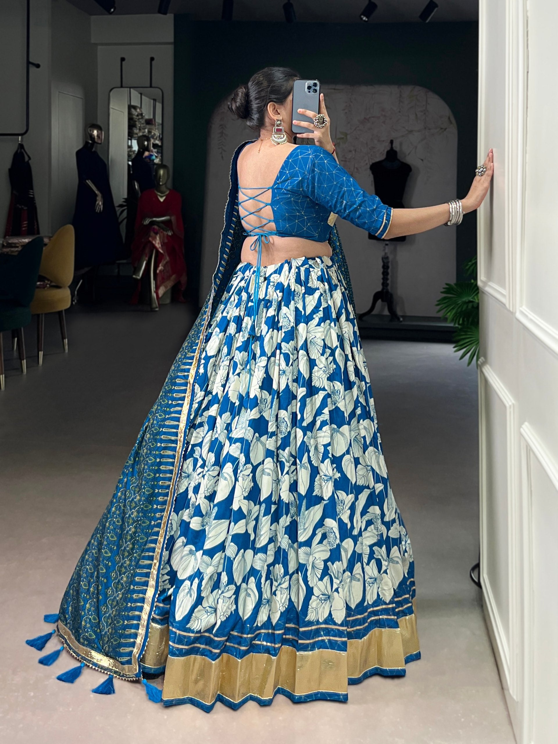 Blue Tasar silk foil print embossed lace work lehenga choli with dupatta