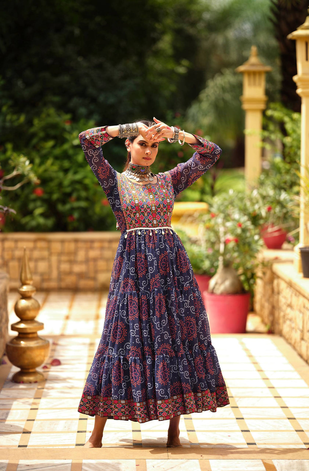 Navy blue faux georgette Gamthi jacquard weaving lace border ruffle flair gown