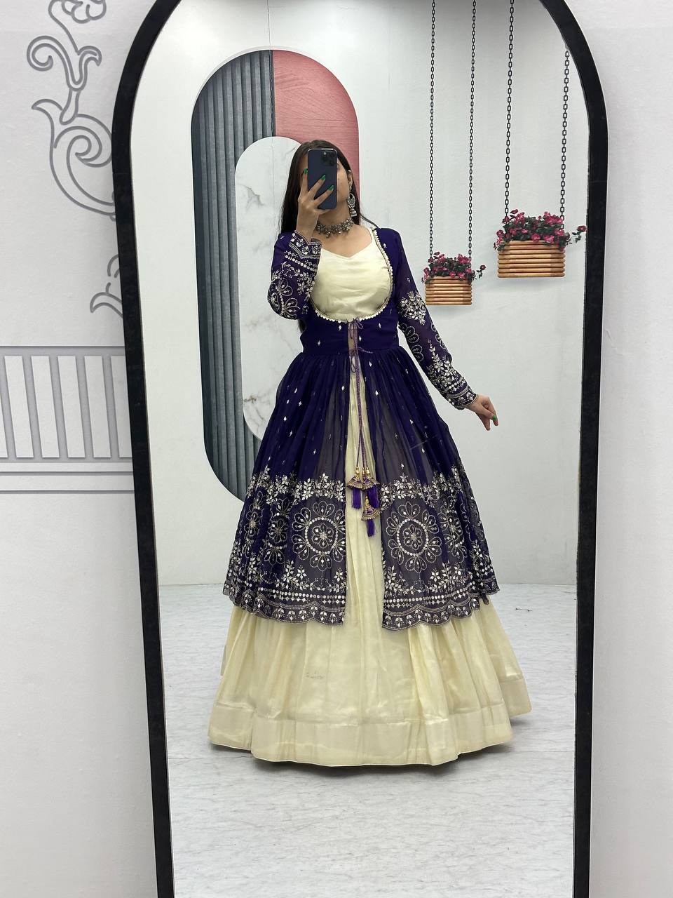 Tulika navy blue Cosmos silk lehenga choli with heavy thread and sequins work with shrug
