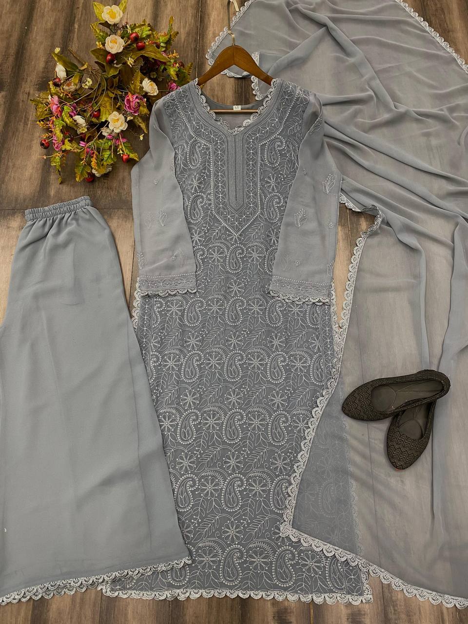 Ramani Peach Georgette Chikankari Embroidery Kurti Set