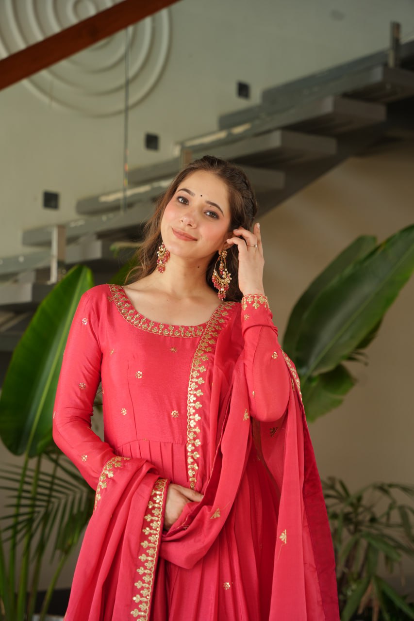 Harvisha rani pink chinon silk embroidered gown