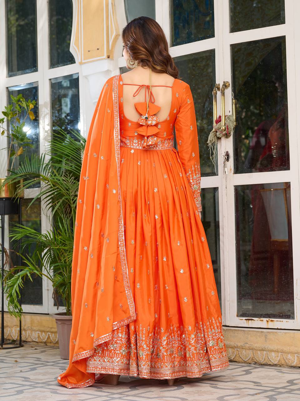 Meghnita Anarkali suit in American Silk with thread & sequin embroidery, padded gown, stitched pant & dupatta—perfect for weddings & festive wear.