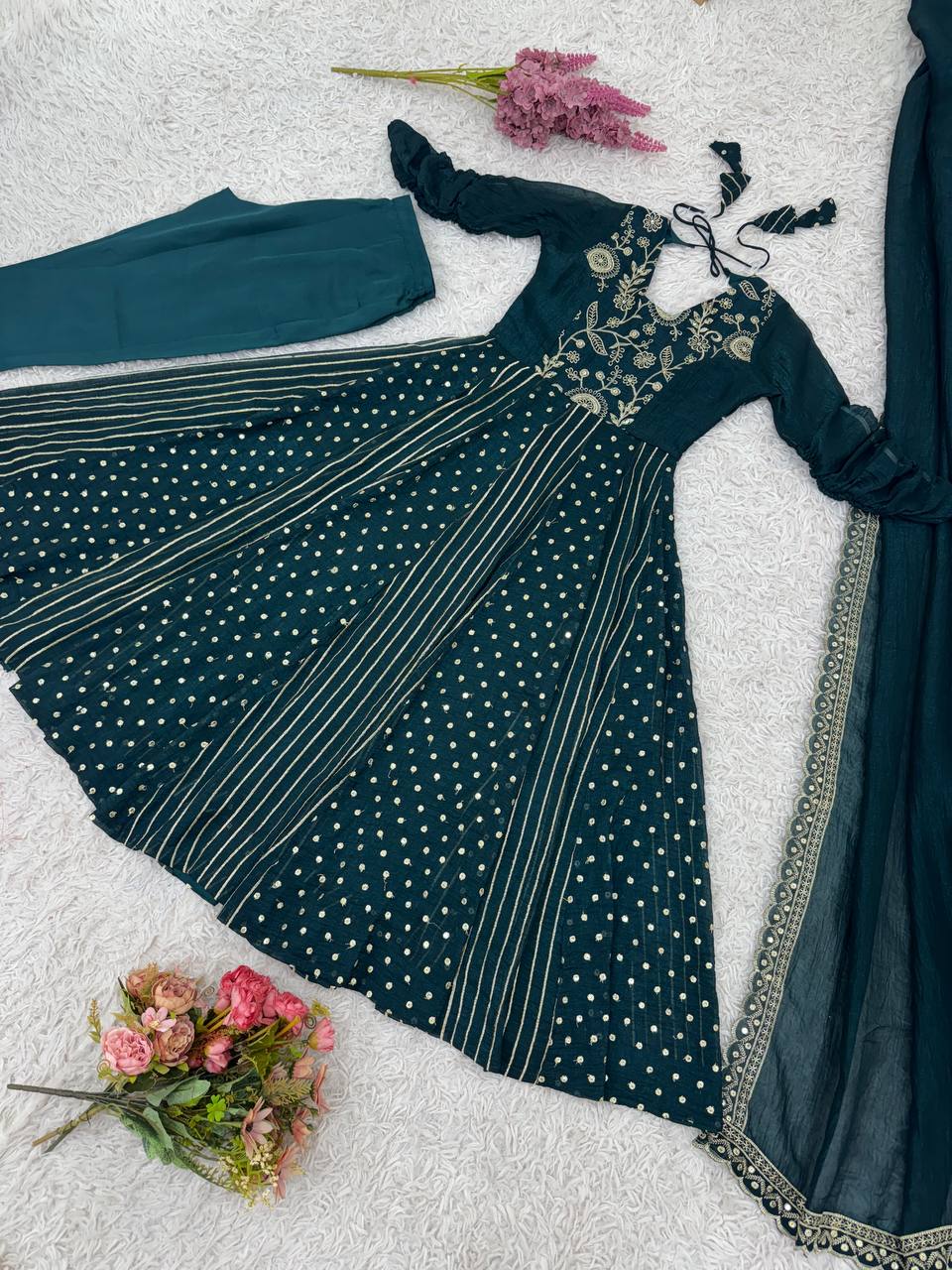 Teal green crunchy silk embroidered Anarkali suit set
