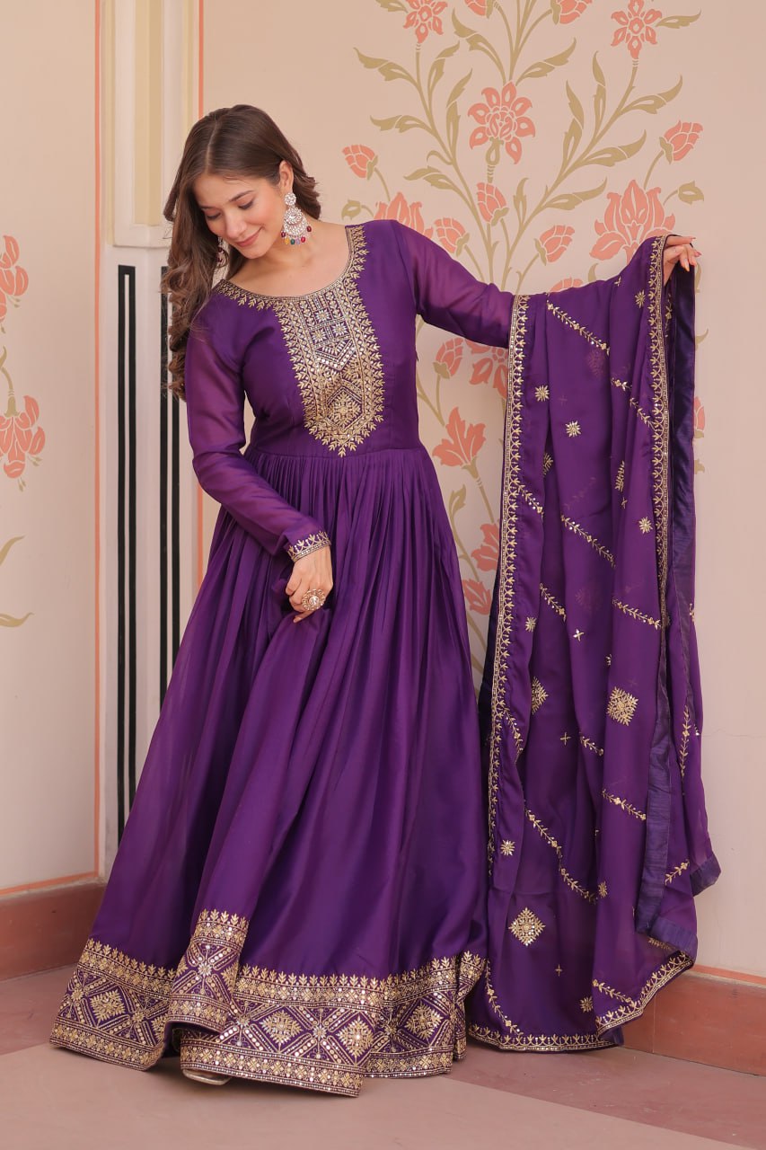 Purple star georgette zari sequins embroidered gown with dupatta