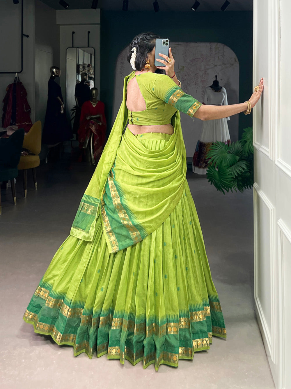 Green traditional Chanderi half-saree lehenga with zari work