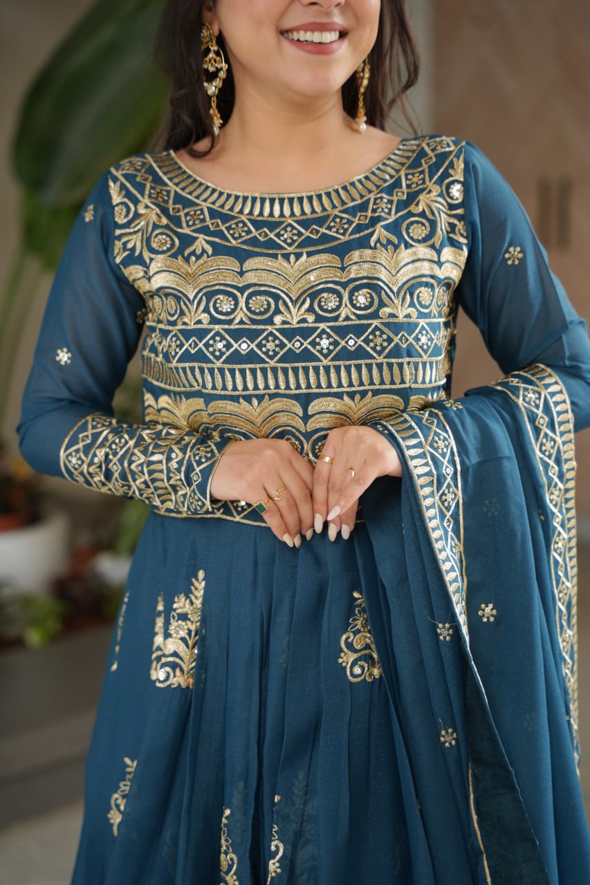 Teal blue chinnon embroidered gown with sequins work and dupatta