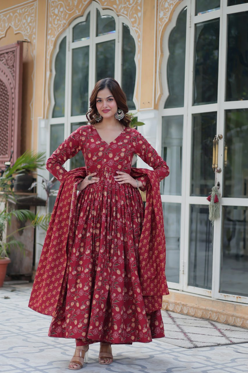 Himalini Red Pure Cotton Anarkali Suit Set