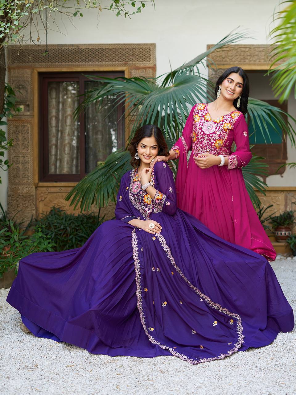 Pink heavy sequins thread embroidered georgette gown for wedding functions