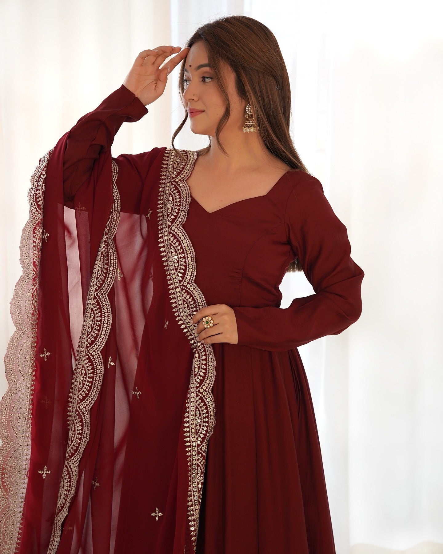 Prema brown Chanderi silk Anarkali suit set