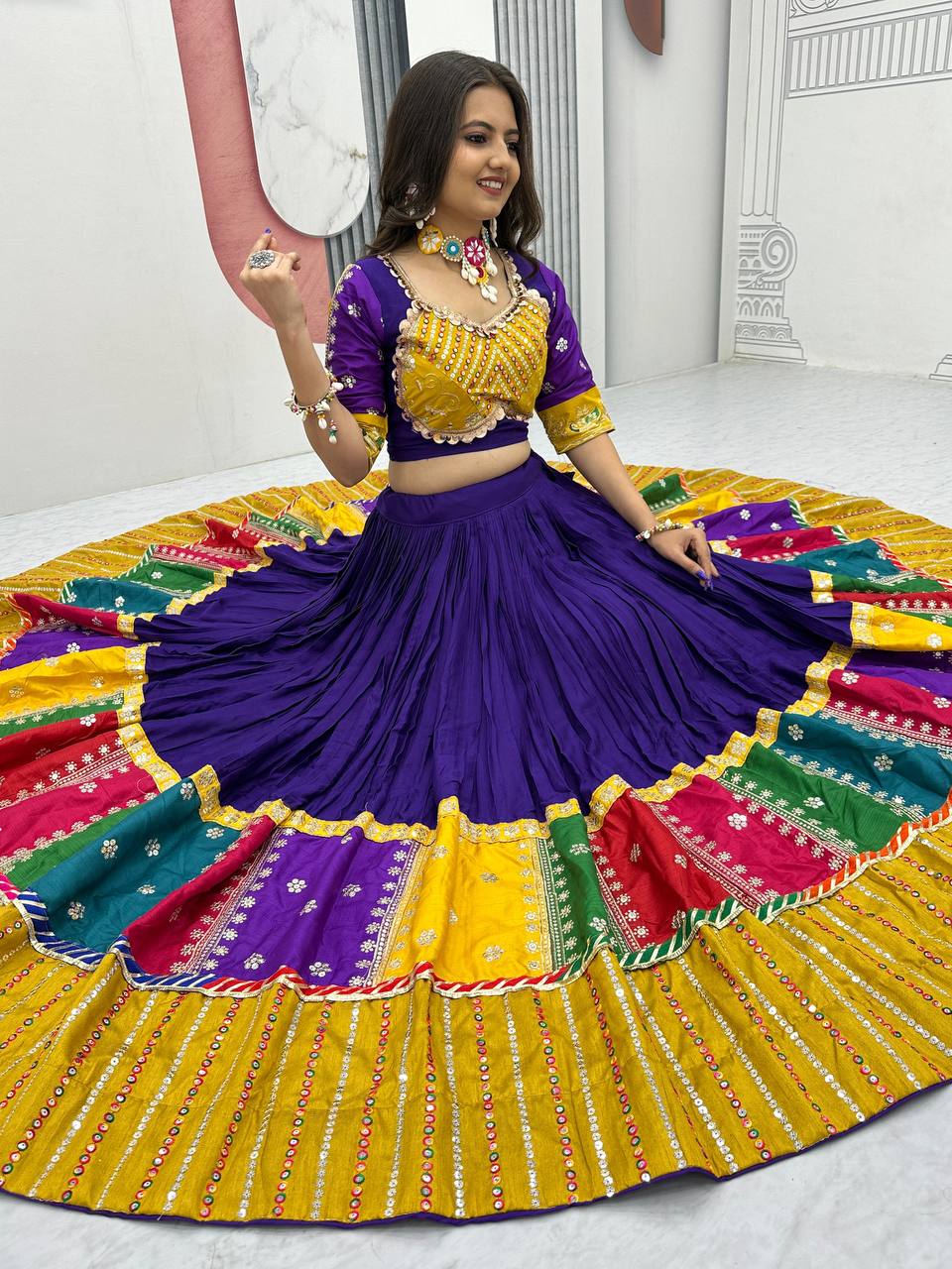 Purple pure cotton lehenga choli with embroidered sequins work and dupatta