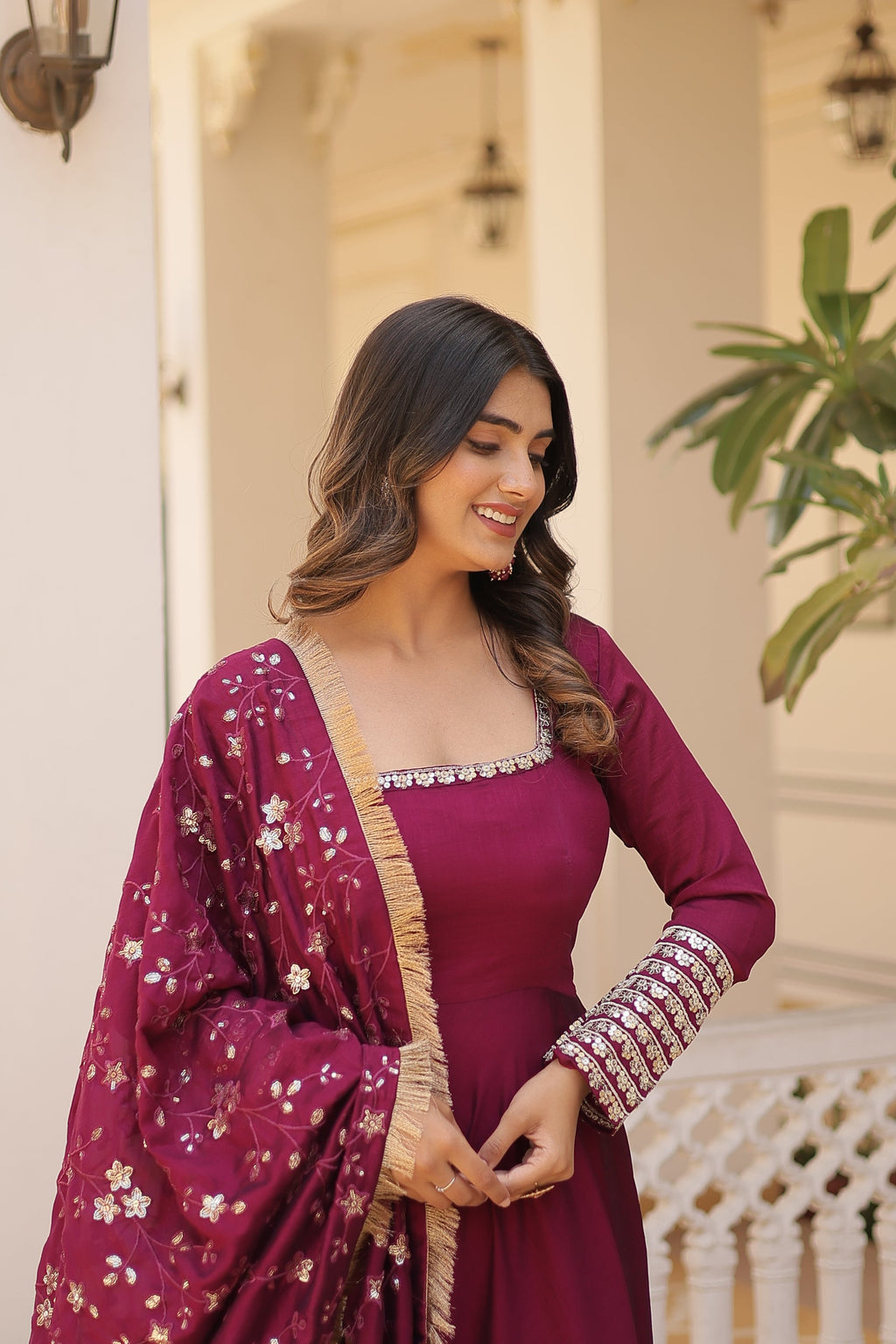 Aparajita Magenta Vichitra Silk Anarkali Gown Set