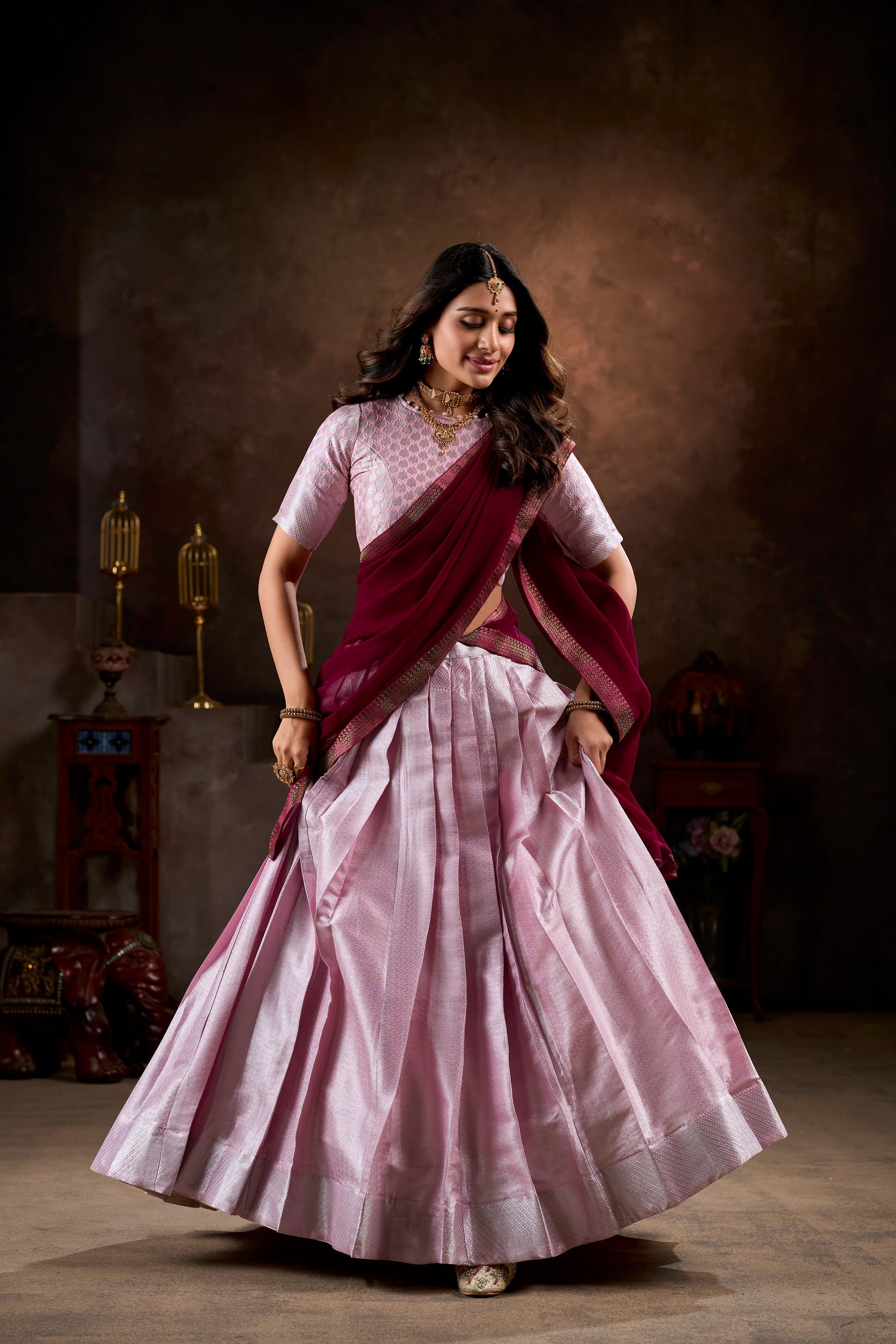 Pink jacquard silk weaving work lehenga choli with dupatta and lace border