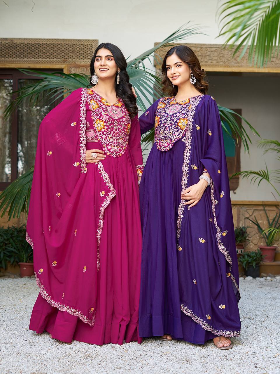 Pink heavy sequins thread embroidered georgette gown for wedding functions