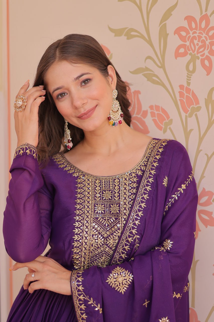 Purple star georgette zari sequins embroidered gown with dupatta