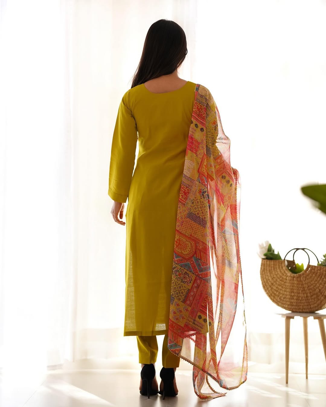 Vedanya yellow viscose straight kurti set