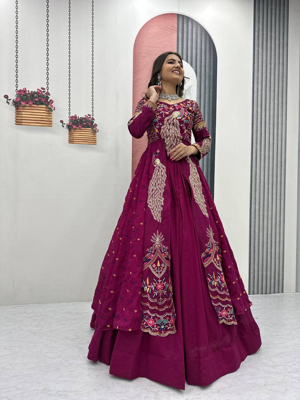Mani magneta Vichitra silk crop top peacock design lehenga with embroidered shrug