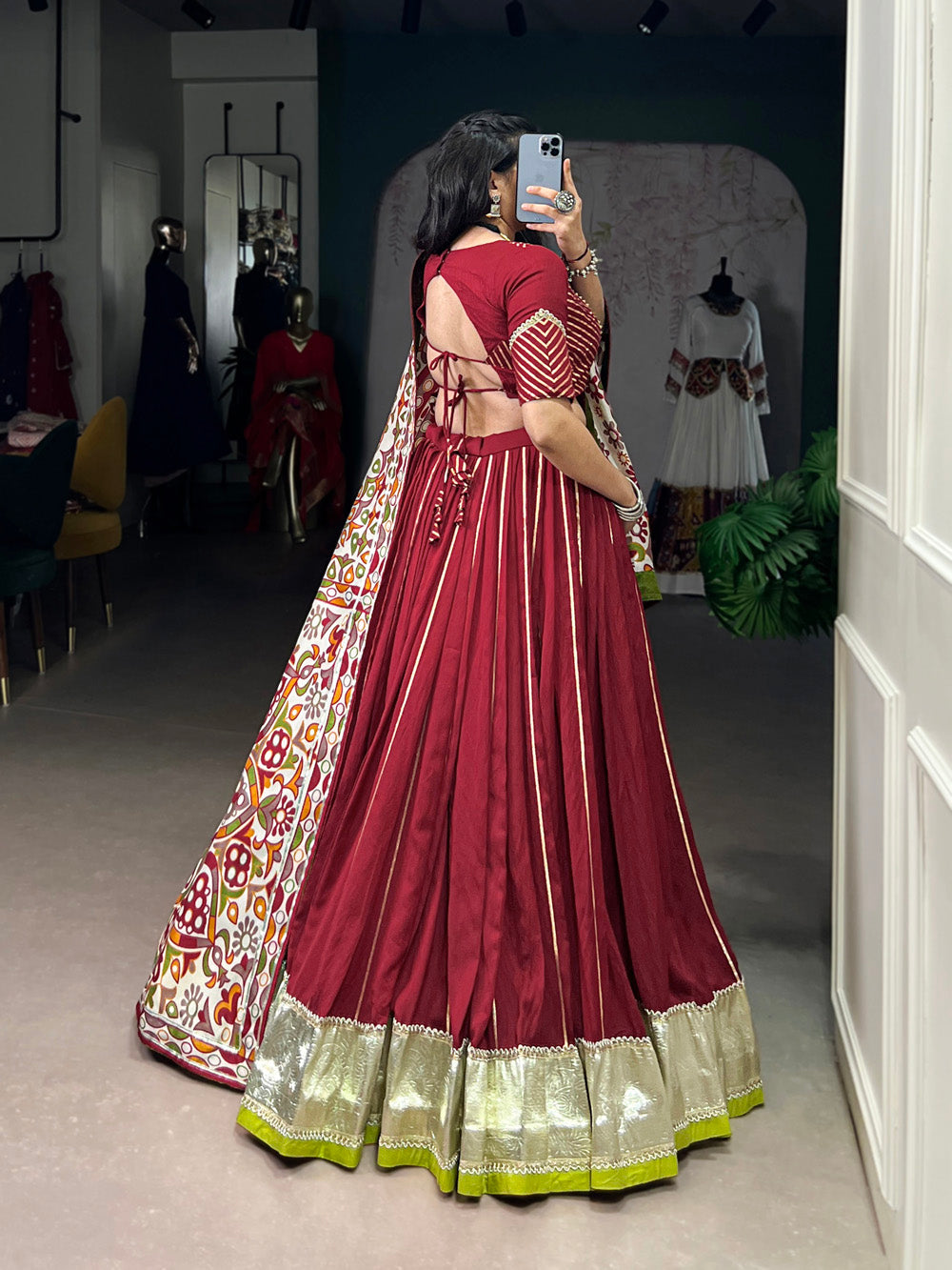 Maroon Chanderi zari weaving and embossed lace lehenga choli