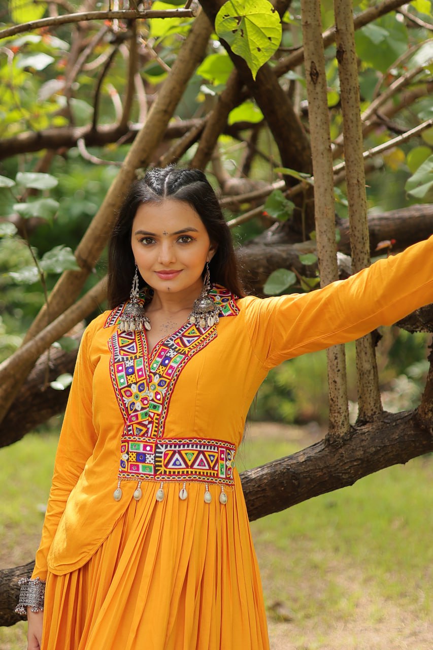 Yellow rayon Kutchi Gamthi embroidered Misty Navratri gown