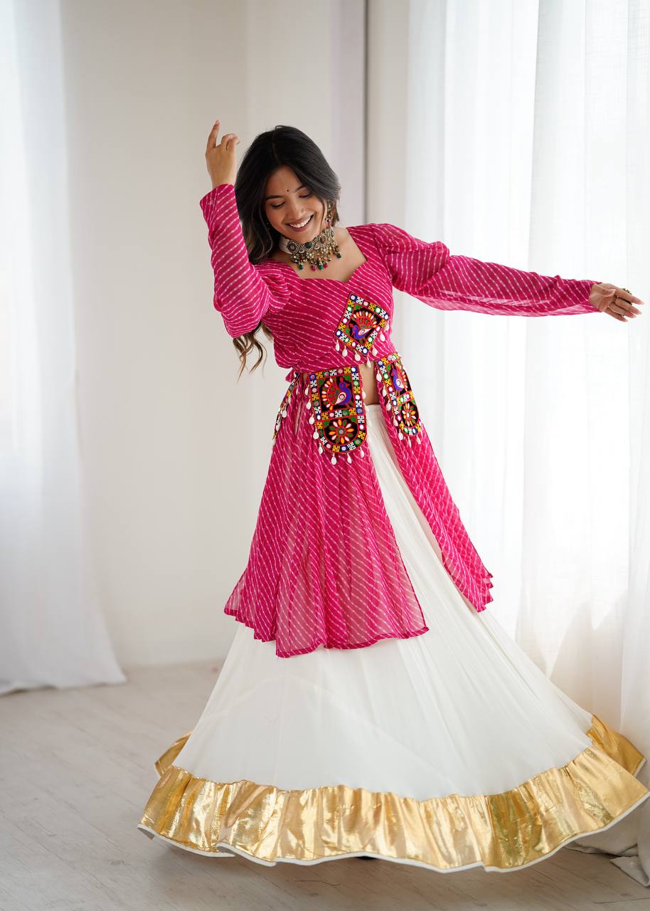 Pink georgette top with digital print and thread work butter silk Gota Patti lehenga